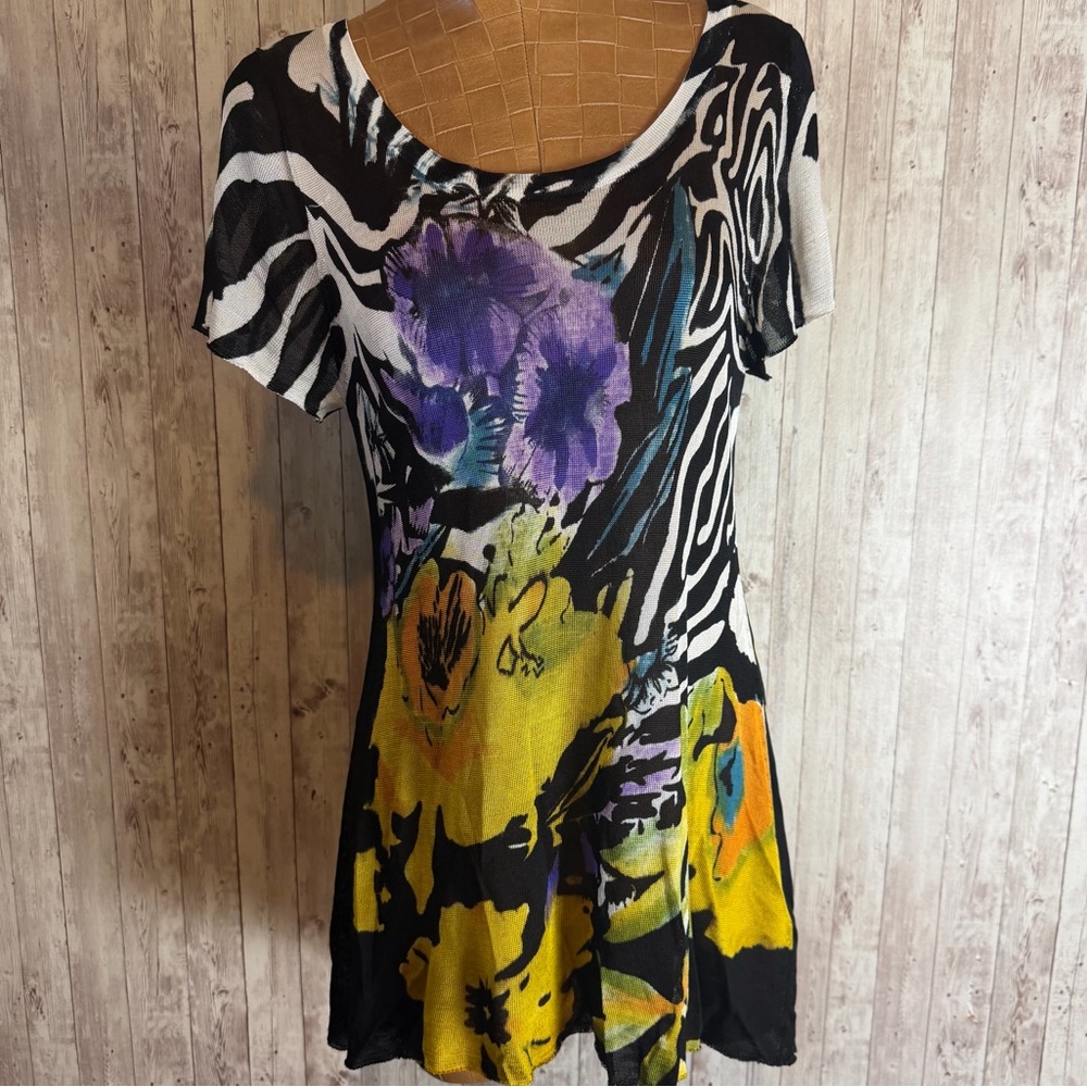 ADORE Zebra Floral Print Mesh High-Low Tunic Dress